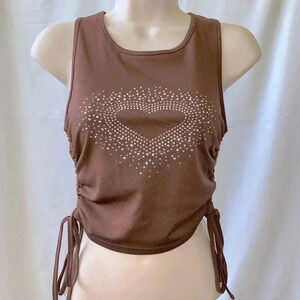 Romwe sleeveless top, adjustable side straps, brown with heart embellishment